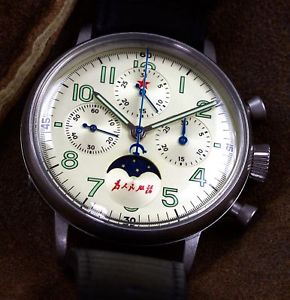 【貨物輸送無料】7756gd roter stern chronograph  mondphase, datum, glasboden
