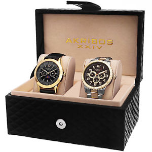 【送料無料】akribos xxiv ak740yg men’s quartz multifunction strapbracelet watch set