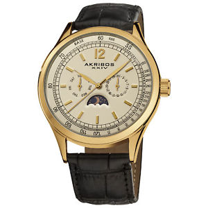 【送料無料】 mens akribos xxiv ak63byg multifunction moon phase leather strap watch