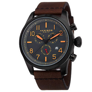 【送料無料】 mens akribos xxiv ak705bkbr swiss chronograph brown leather strap watch｜hokushin
