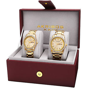 【送料無料】 his amp; hers akribos xxiv ak888yg goldtone crystal accented steel watch set｜hokushin