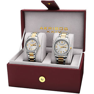 【送料無料】 his amp; hers akribos xxiv ak888ttg twotone crystal accented steel watch set｜hokushin