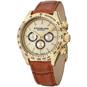 【送料無料】stuhrling triumph classic mens 42mm brown calfskin krysterna date watch 564l02