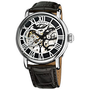 【送料無料】akribos xxiv ak540ss mens automatic skeleton water resistant leather strap watch｜hokushin