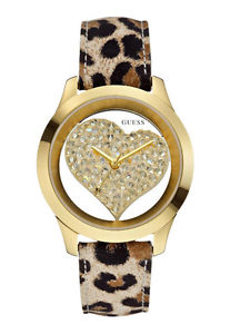 【送料無料】 guess women goldtone crystal leopard print leather heart watch u0113l7 nwb