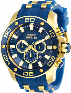 【送料無料】invicta mens pro diver chrono 100m goldtone s steel blue silicone watch 26087