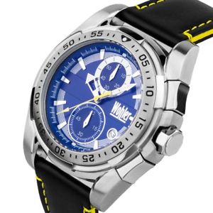 【送料無料】wohler ss chronograph mens luxury blue watch yellow stitched leather date 10atm