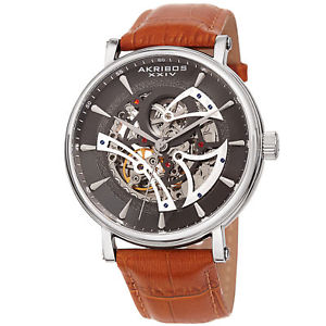 【貨物輸送無料】akribos xxiv mens automatic ak1020ssbr  skeleton exhibition brown leather watch