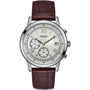 【送料無料】orologio guess summit w1000g2 watch pelle marrone uomo cronografo 44mm romani|hokushin