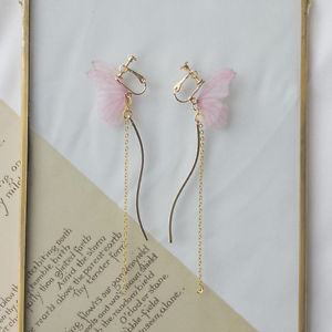 【送料無料】ピアス　ピアス　ゴールデンバタフライピンクストランドクリップohrringeohren clip auf golden schmetterling insekt rosa strang lang gebogen