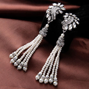 【送料無料】ピアス　ピアス　シルバークリスタルフリンジビンテージパールクリップohrringe clip silber kristall fringe perle lang vintage ehe j4｜hokushin 14,425円