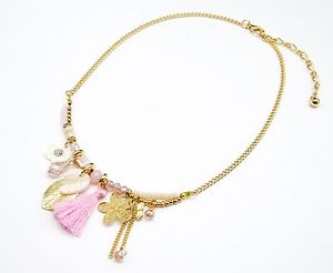 【送料無料】ネックレス　ネックレスポンポンファッションピンクcc889 * collier perles et multicharms fleurs feuilles pompon mode femme rose