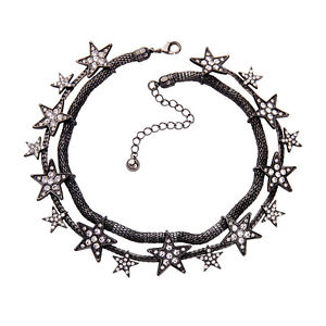 【送料無料】ネックレス　シルバーネックレスブラックネックチェーンクリスタルスターショートcollier argent noir court ras du cou chaine deux rang etoile cristal jd1