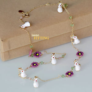【送料無料】ネックレス クランプミッドウサギゴールデンフラワーホワイトピンクパールピンクグリーンクラスcollier fin mi long dor lapin fleur email blanc rose perle rose vert class l8