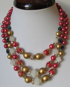 【送料無料】ネックレス　ジュエルクリップランクガラスブラックハニーピンクancien bijou collier 3 rang verre blanc noir iris miel rsine rose bronse 150j