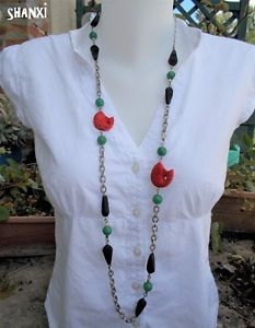 【送料無料】ネックレス　クランプcollier ethnique chinois en cinabre rouge noir perles vert jade, bijoux poissons