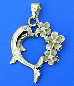 【送料無料】ネックレス　イエローゴールドシルバーハワイアンプルメリアペンダントor jaune argent 925 hawaen plumeria fleur brillant pendentif dauphin coeur