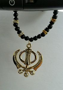 【送料無料】ネックレス　ゴールドパンジャブシークミラーリアフックメッキplaqu or punjabi khanda sikh pendentif voiture arrire miroir accrocher en noir｜hokushin