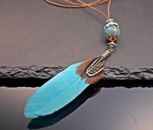 【送料無料】ネックレス　カラーロングペンセラミックターコイズパールシルバーcollier en cuir long avec vritable plume turquoise cramique perle argent