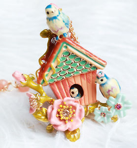 【送料無料】ネックレス　クリップオウムピンクシートcollier pendantif email perroquet bleu cage oiseau rose floral feuille mignon l7