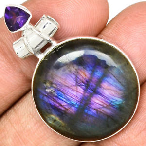 【送料無料】ネックレス　ペンダントアメジストシルバーマウントpendentif protection labradorite violetamthyste monture argent 925 ref 7319