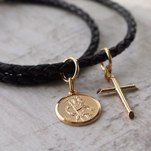 【送料無料】ネックレス　カスタムソリッドゴールドラウンドサンクリストフクロスゴールドpersonnalis 9 ct or massif rond saint christophe amp; or croix collier en cuir