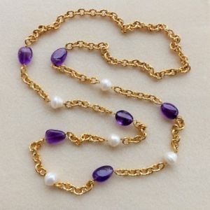 【送料無料】ネックレス collana catene lavorate tono oro giallo,ametista e perle naturali