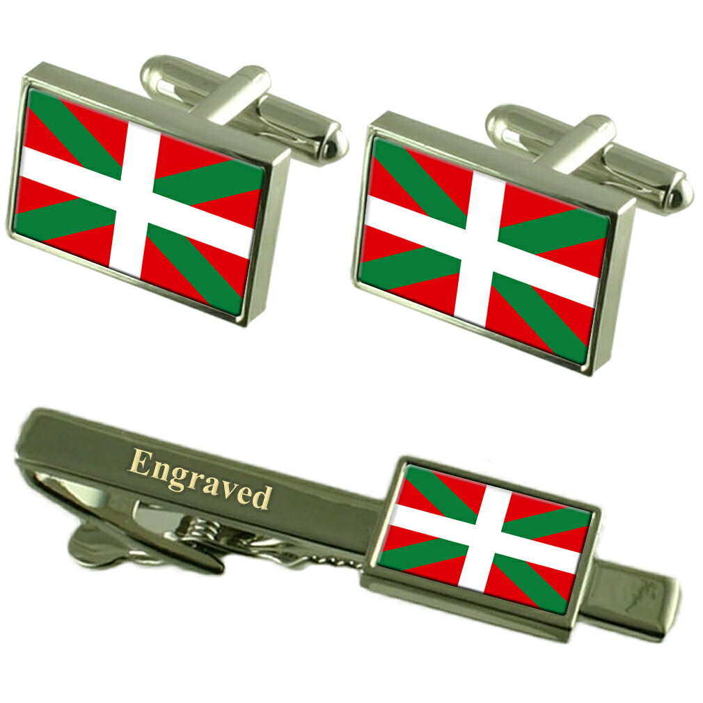 【送料無料】メンズアクセサリ―　バスクフラグカフスリンクボックスセットネクタイピンbasque flag cufflinks engraved tie clip matching box set