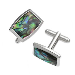 【送料無料】メンズアクセサリ―　アワビパウアシェルシルバーカフリンクスblue green abalone paua shell rectangle silver cufflinks 12,905円