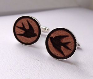 【送料無料】メンズアクセサリ―　カフスリンクシルバースズメマホガニーsparrow bird mahogany wood wooden cufflinks silver plated