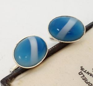 【送料無料】メンズアクセサリ―　ビンテージアクアガラスストライプカフリンクスvintage 1950s aqua glass amp; white stripe oval silver plated cufflinks