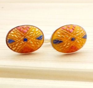 【送料無料】メンズアクセサリ―　ビンテージハンドペイントオレンジガラスカフリンクスvintage 1950s hand painted orange glass oval silver plated cufflinks