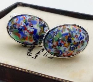 【送料無料】メンズアクセサリ―　ビンテージガラスカフリンクスvintage 1950s blue white confetti glass oval silver plated cufflinks