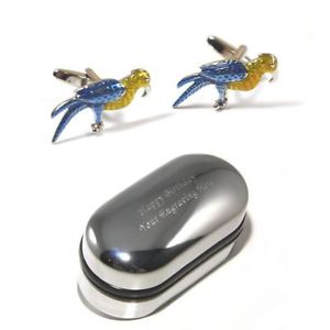 【送料無料】メンズアクセサリ―　カラフルオウムカフスボタンボックスcolourful bird parrot cufflinks amp; engraved gift box