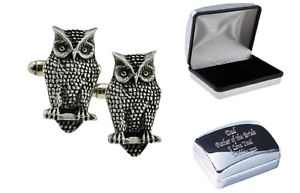 【送料無料】メンズアクセサリ―　フクロウピューターカフリンクスケースowl bird pewter cufflinks in case, can be engraved personalised xdhcl1125