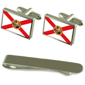 【送料無料】メンズアクセサリ―　フロリダシルバーカフスボタンタイクリップボックスセットflorida flag silver cufflinks tie clip box gift set