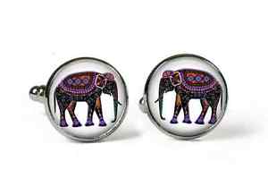 【送料無料】メンズアクセサリ―　エレファントガラスカフスボタンアートプリントelephant glass picture cufflinks silver plated art print photo af17