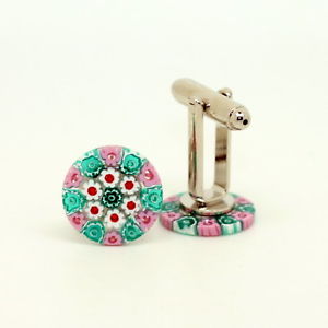 【送料無料】メンズアクセサリ&mdash;　ピンクムラノガラスカフリンクスpink green white red circular patterned murano glass cufflinks with millefiori｜hokushin