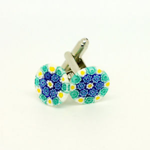 【送料無料】メンズアクセサリ―　ムラノガラスカフリンクスwhite blue green circular patterned murano glass cufflinks with millefiori