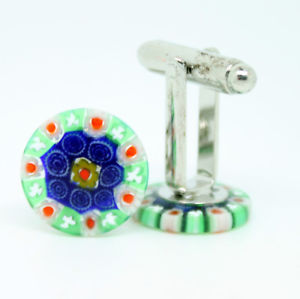 【送料無料】メンズアクセサリ―　ミッレフィオーリレッドムラノガラスカフスリンクblue, green and red circular patterned murano glass cufflinks with millefiori