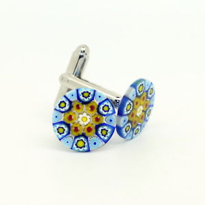 【送料無料】メンズアクセサリ―　ムラノガラスカフリンクスblue yellow red white circular patterned murano glass cufflinks with millefiori