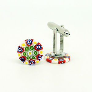 【送料無料】メンズアクセサリ―　ムラノガラスカフリンクスred white green yellow circular patterned murano glass cufflinks with millefiori
