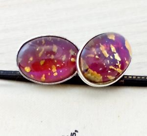 【送料無料】メンズアクセサリ&mdash;　ビンテージチェコピンクガラスオパールカフリンクスvintage 1950s czech fuschia pink fire glass opal oval silver plated cufflinks｜hokushin