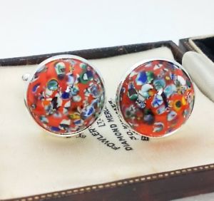 【送料無料】メンズアクセサリ— ビンテージガラスカフリンクスvintage 1950s red harlequin glass large 20mm round silver plated cufflinks|hokushin