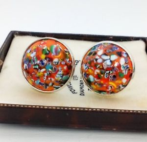 【送料無料】メンズアクセサリ―　ブドウ20mm1950オレンジハーレクイングラスラウンドシルバーカフスリンクvintage 1950s orange harlequin glass large 20mm round silver plated cufflinks
