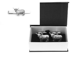 【送料無料】メンズアクセサリ&mdash;　ハイランドピューターカフスボタンタイクリップボックスセットhighland cow pewter cufflinks and tie clip set farming gift boxed｜hokushin