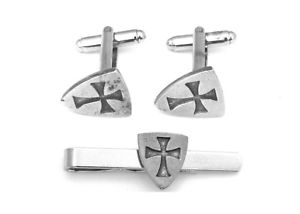 【送料無料】メンズアクセサリ&mdash;　シールドピューターカフスボタンタイクリップボックスセットtemplar shield pewter cufflinks and tie clip set masonic gift boxed｜hokushin