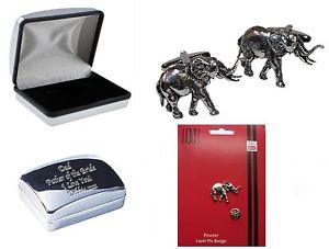 【送料無料】メンズアクセサリ―　ピューターカフスボタンラペルピンバッジケースパーソナライズelephant in pewter cufflinks amp; lapel pin badge case can engrave personalised