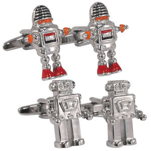 【送料無料】メンズアクセサリ— ケースレトロロボットファンセットcool retro robots cufflink set in leather gift case for sci fi movie fan bnib|hokushin