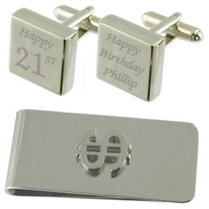 【送料無料】メンズアクセサリ&mdash;　スクエアカフスボタンドルマネークリップセットhappy 21st birthday engraved square cufflinks dollar money clip gift set｜hokushin